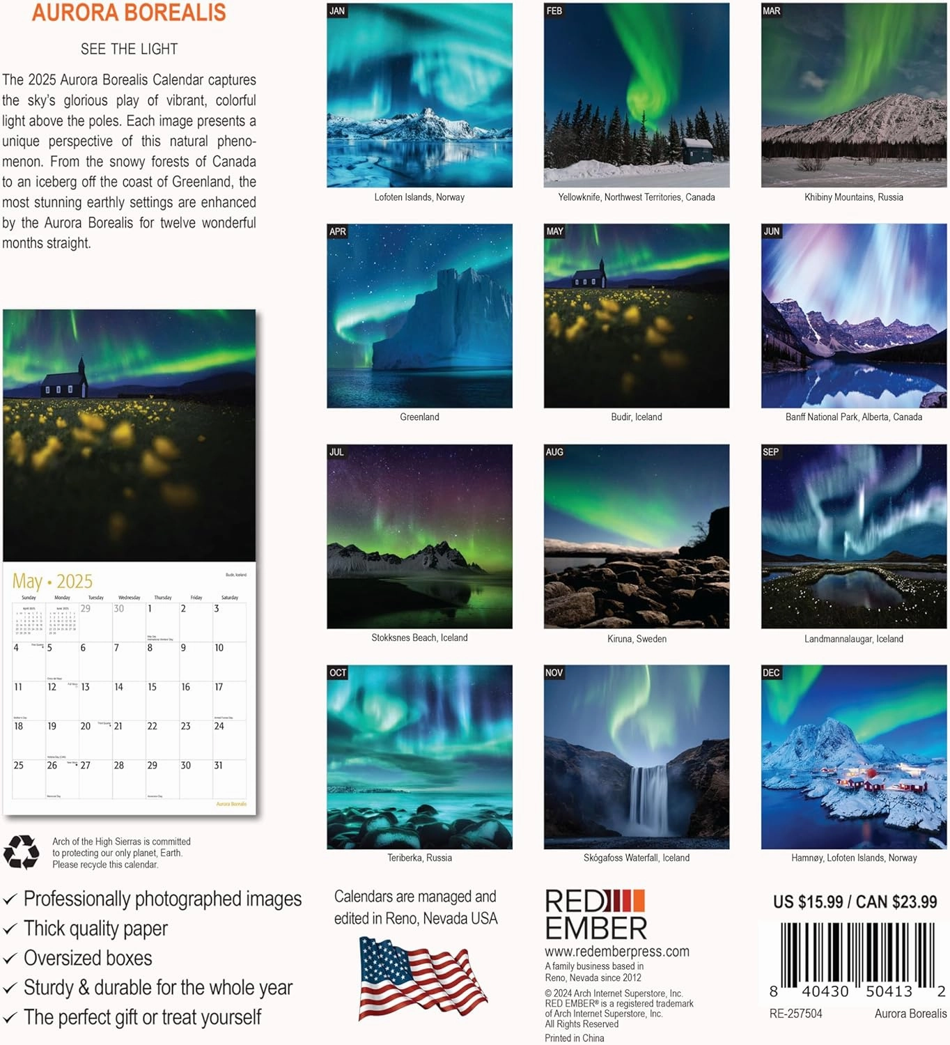 RED EMBER Aurora Borealis 2025 Wall Calendar 12 Month | 12" x 24" Open | Thick & Sturdy Paper | Giftable | Calendar 2025