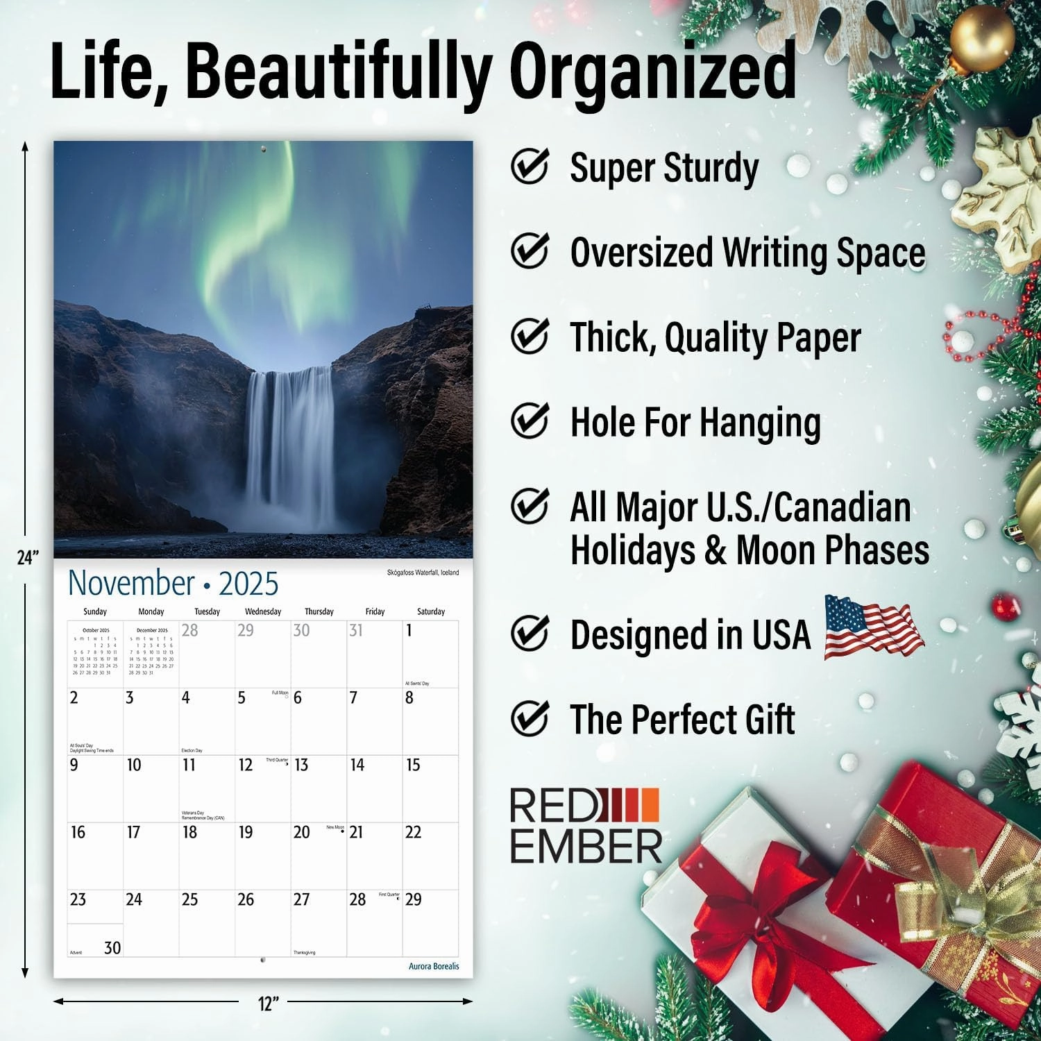 RED EMBER Aurora Borealis 2025 Wall Calendar 12 Month | 12" x 24" Open | Thick & Sturdy Paper | Giftable | Calendar 2025