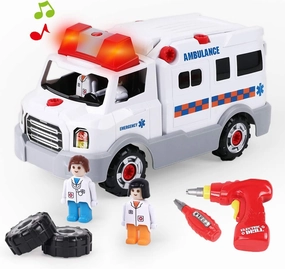 REMOKING Learning Take Apart Toy, Build Your Own Car Toy Ambulance Educational Playset with Tools and Power Drill, DIY Assembly Car Gifts for Kids with Realistic Sounds & Lights (3  Ages)
