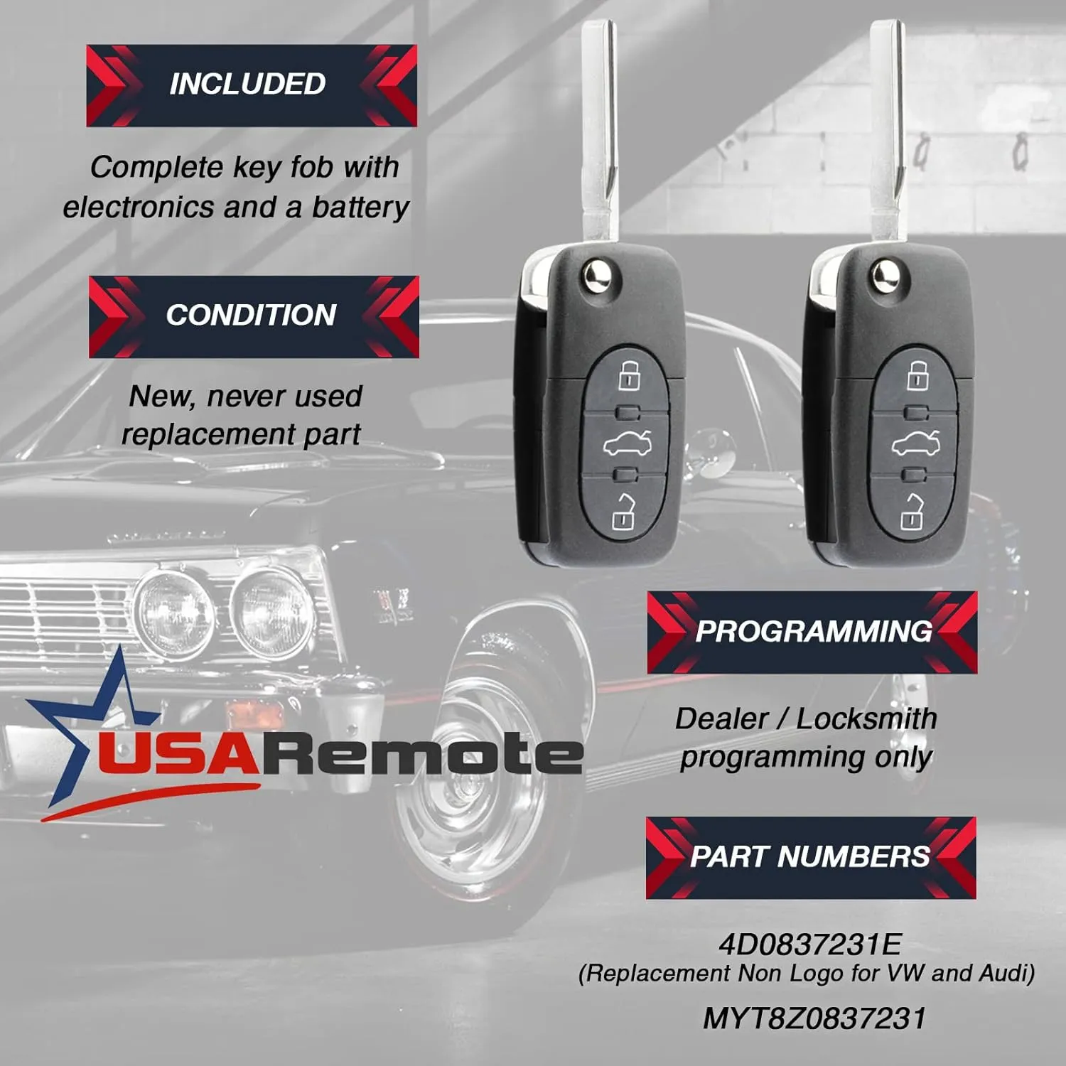 Replacement Keyless Entry Remote Flip Key Fob fits 1998 1999 2000 2001 VW Beetle, Golf, Jetta, Passat (HLO1J0959753F, Set of 2)