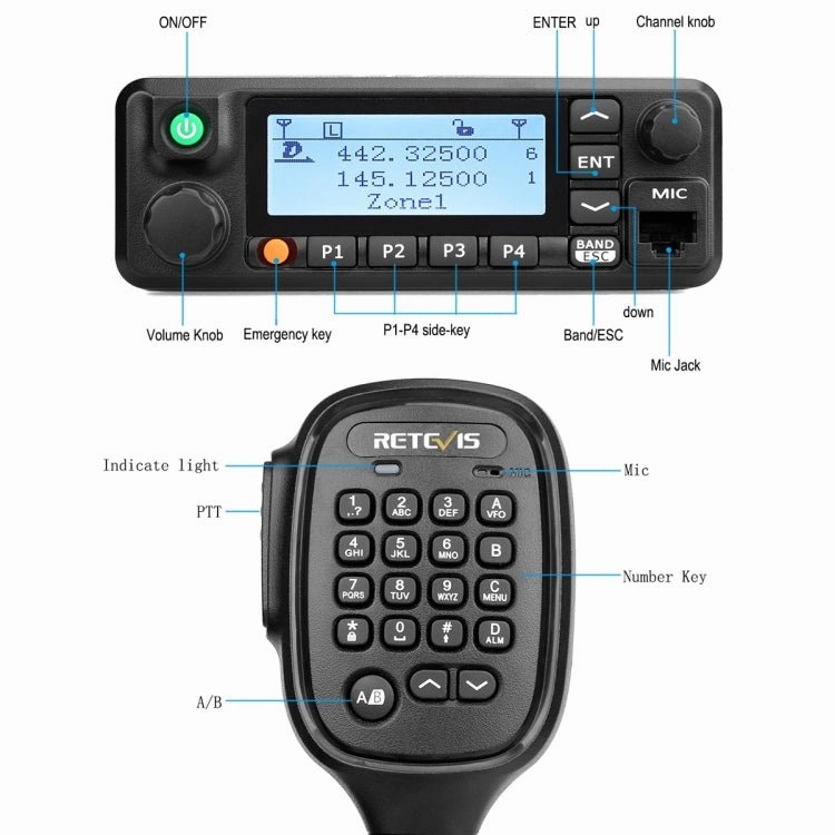RETEVIS RT90 UV Double Segment 136-174/400-480MHz 3000 Channels 50W Car Walkie Talkie, 136-174/400-480MHz