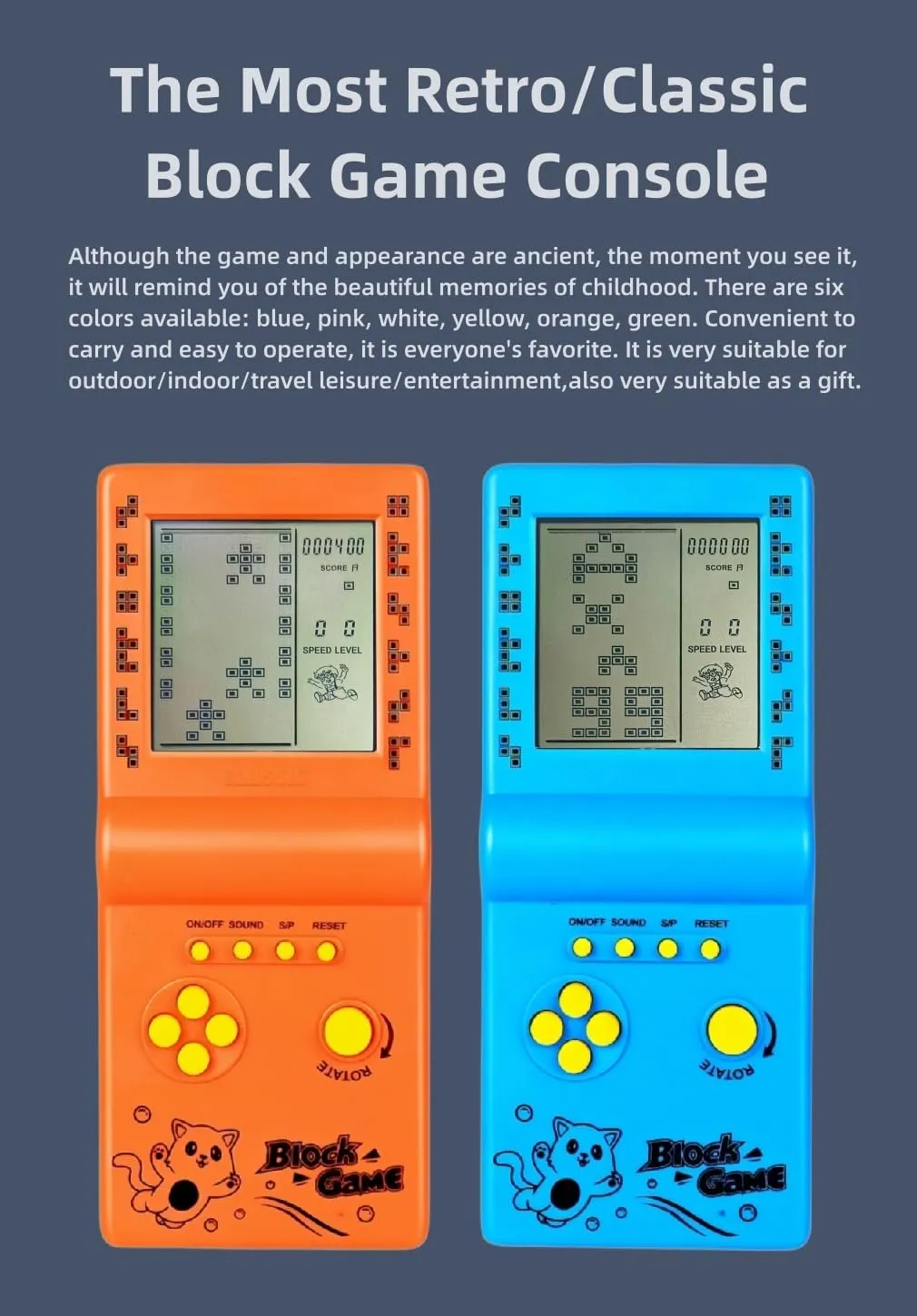 Retro Classic Block Game Console Multiple Games Adjustable Level/Speed Handheld Porable Console Brick Game/Racing/Tank Battle Puzzle Game Electronic Toys Children/Friends (Yellow)