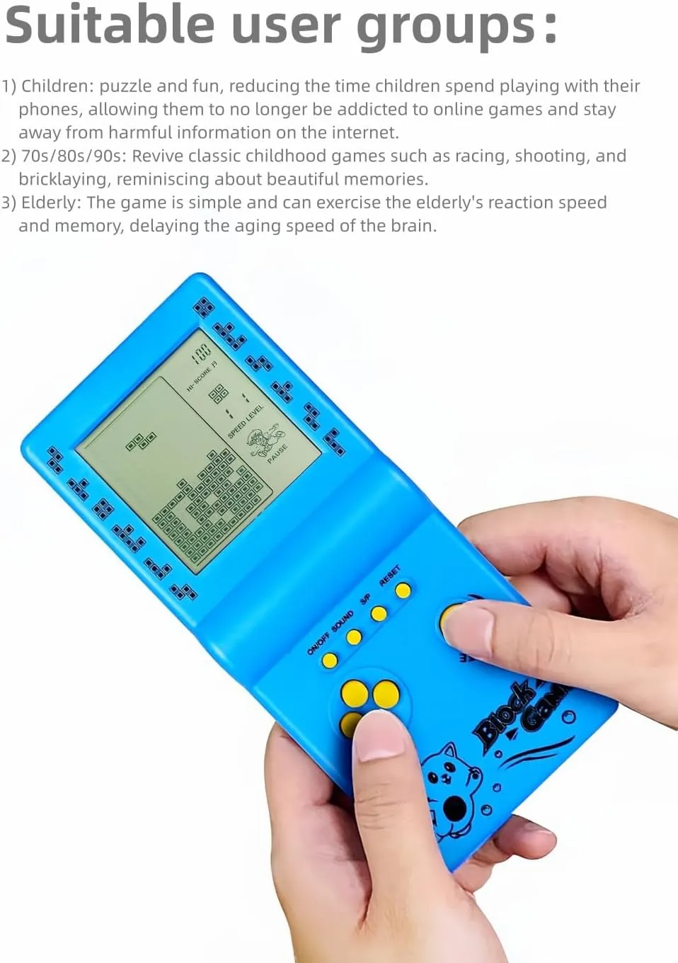 Retro Classic Block Game Console Multiple Games Adjustable Level/Speed Handheld Porable Console Brick Game/Racing/Tank Battle Puzzle Game Electronic Toys Children/Friends (Yellow)