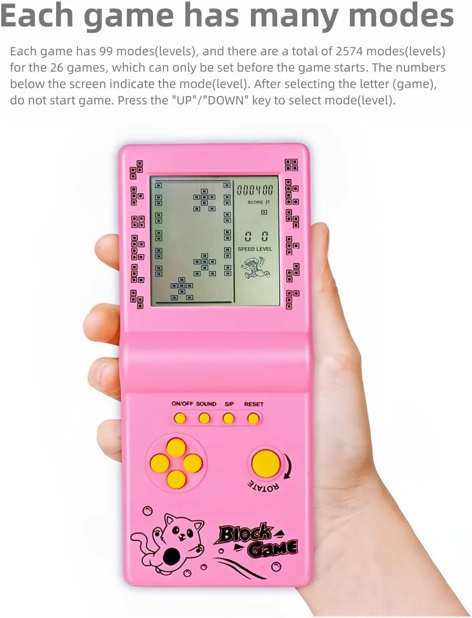 Retro Classic Block Game Console Multiple Games Adjustable Level/Speed Handheld Porable Console Brick Game/Racing/Tank Battle Puzzle Game Electronic Toys Children/Friends (Yellow)