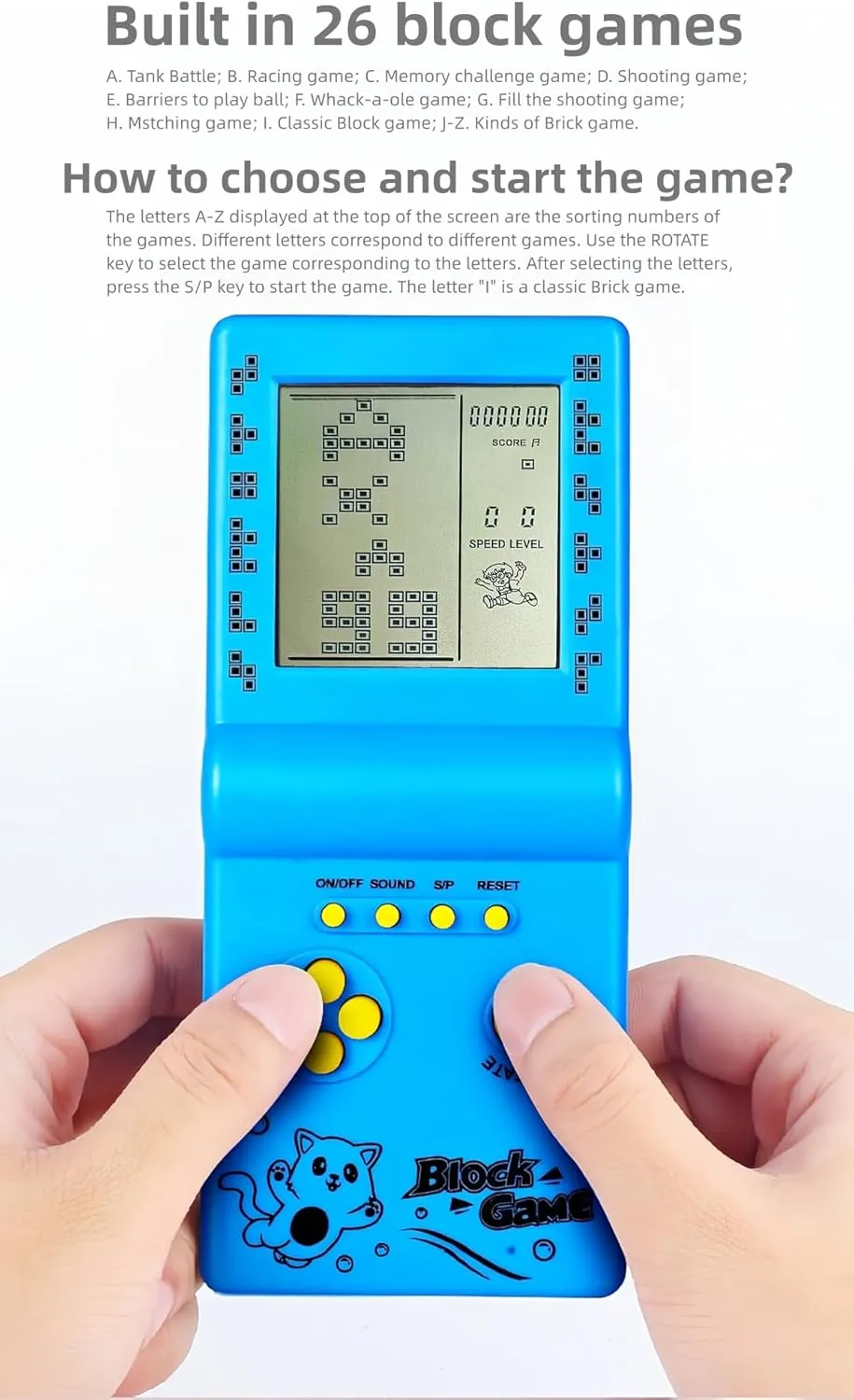 Retro Classic Block Game Console Multiple Games Adjustable Level/Speed Handheld Porable Console Brick Game/Racing/Tank Battle Puzzle Game Electronic Toys Children/Friends (Yellow)