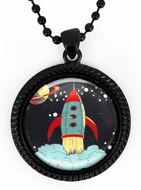 Retro Rocket Ship Pendant Necklace - Vintage Spaceship Illustration, Toy Rocket Art, Silver or Black, 24" Ball Chain - 243-RN