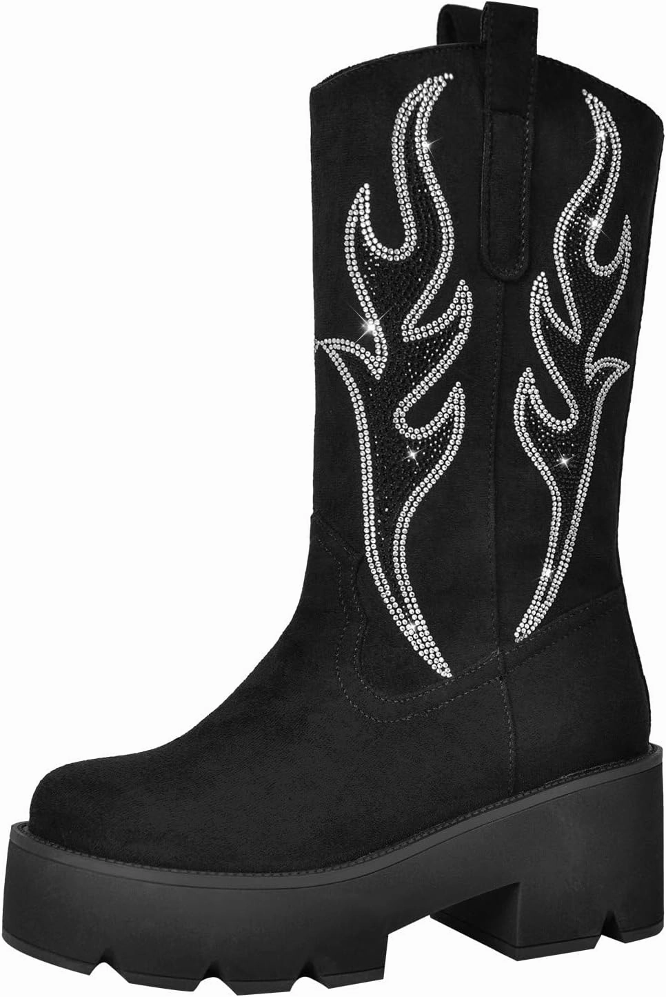 richealnini Mid Calf Boots for Women Embroidered Pull-On Knee High Booties