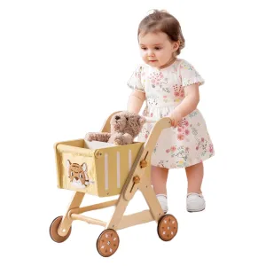 ROBOTIME Wooden Shopping Cart Toy for Toddler Kids, Height-Adjustable Wooden Baby Push Walker, Sit to Stand Walker for Baby Learning to Walk for Boys and Girls