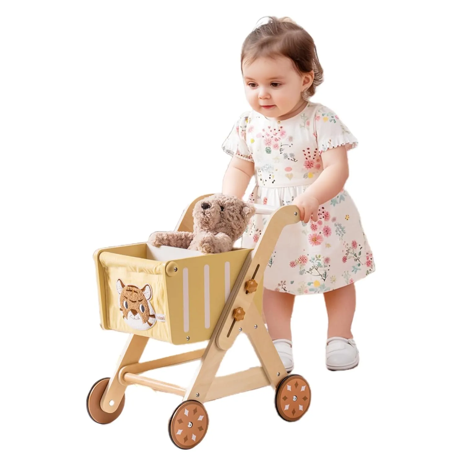 ROBOTIME Wooden Shopping Cart Toy for Toddler Kids, Height-Adjustable Wooden Baby Push Walker, Sit to Stand Walker for Baby Learning to Walk for Boys and Girls