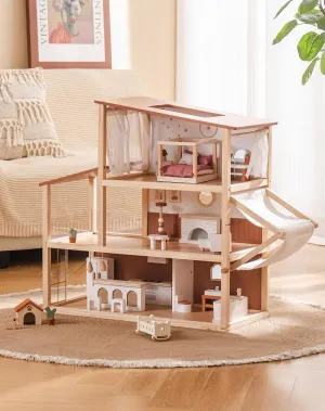 ROBUD Doll House - Wooden Bohemian Dollhouse with Realistic Design, Includes 37 Pieces of Furniture & Accessories for Kids Ages 3 