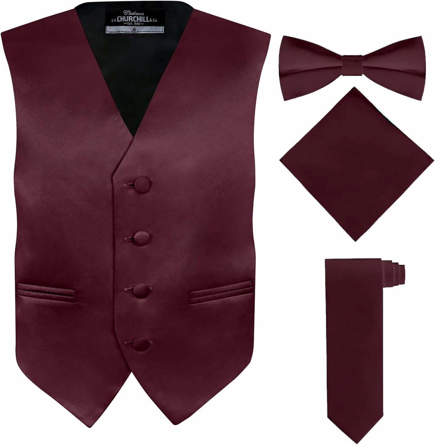 S.H. Churchill & Co. Boy's 4 Piece Vest Set, with Bow Tie, Neck Tie & Pocket Hankie