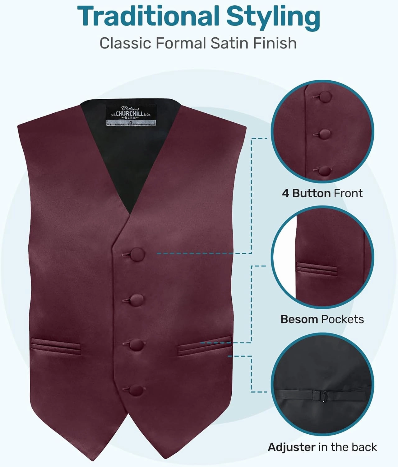 S.H. Churchill & Co. Boy's 4 Piece Vest Set, with Bow Tie, Neck Tie & Pocket Hankie