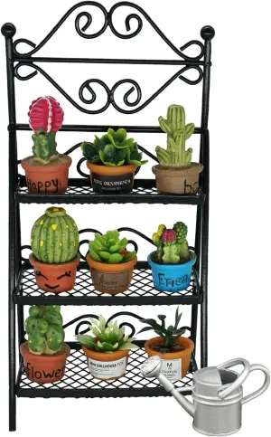 SAMCAMI Dollhouse Furniture Flower Stand Set (11pieces) - Vintage Metal Plant Stand and Other Miniature Accessories for 1 12 Scale Dollhouse Balcony Decoration (Black)