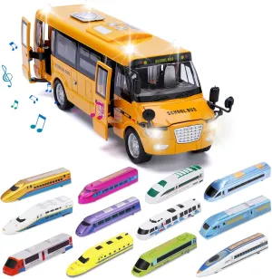 School Bus Toy with Light and Sound & 12 Pack Bullet Train Set Pull Back Toy
