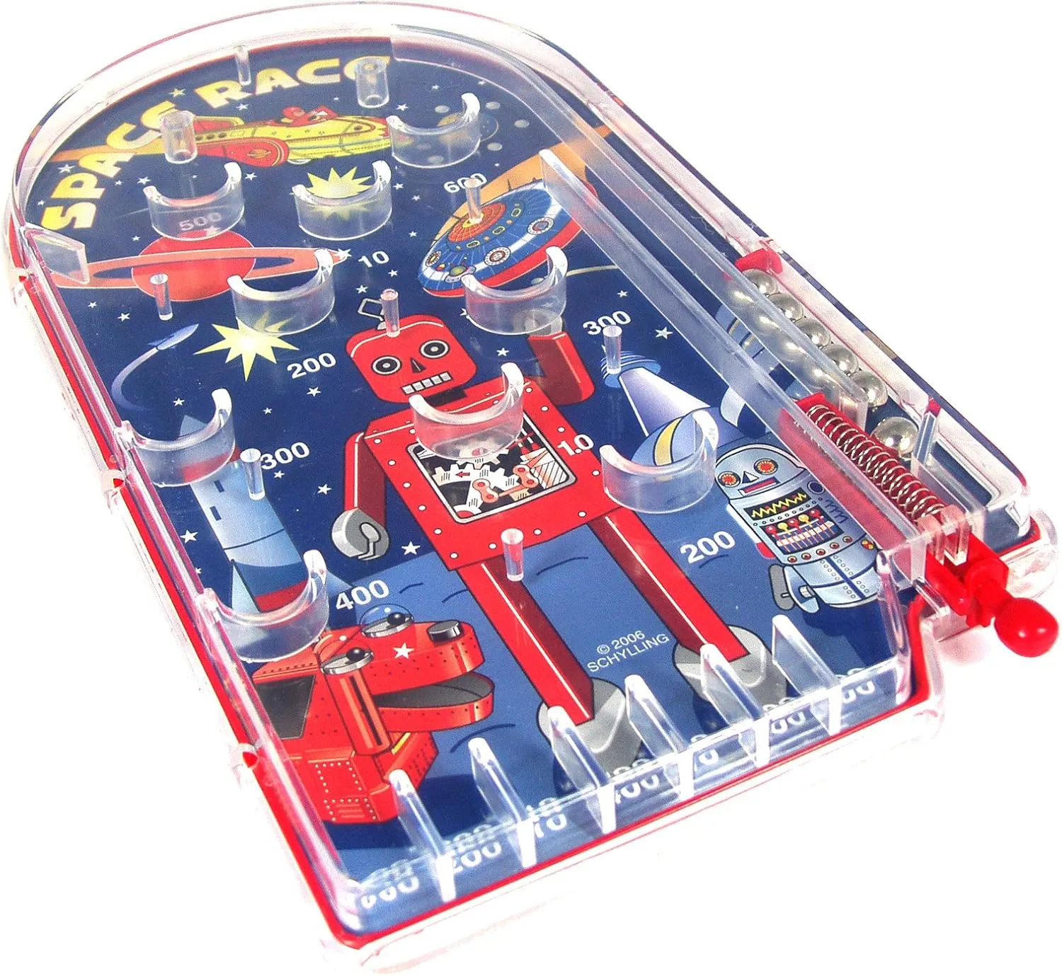 Schylling Space Race Pinball Game - Portable Retro Pinball Toy - Sturdy Construction with Lever, Metal Balls, and Classic Space Design - Ages 3 and Up