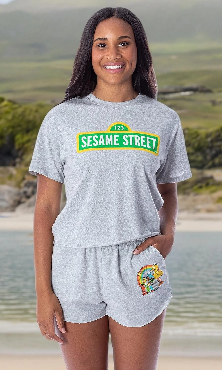 Sesame Street Women's Street Sign Shirt and Shorts 2 Piece Pajama Loungewear Set