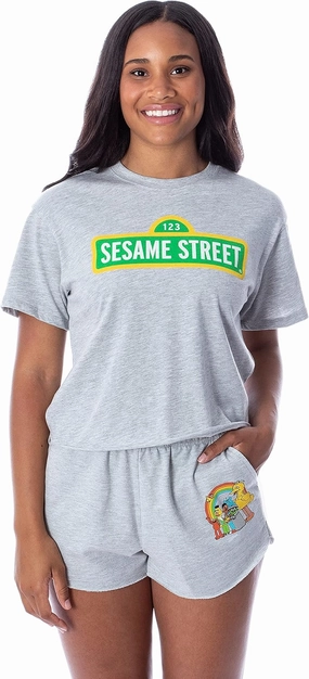 Sesame Street Women's Street Sign Shirt and Shorts 2 Piece Pajama Loungewear Set