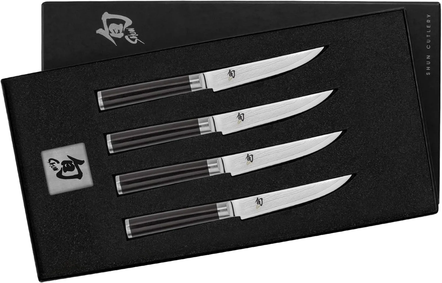 Shun Classic Steak Knife Set, 4 Piece, 4.75" Knives, Handcrafted Japanese Steak Knife Set, VG-MAX Core with Damascus Stainless Steel Cladding, Pakkawood Handle