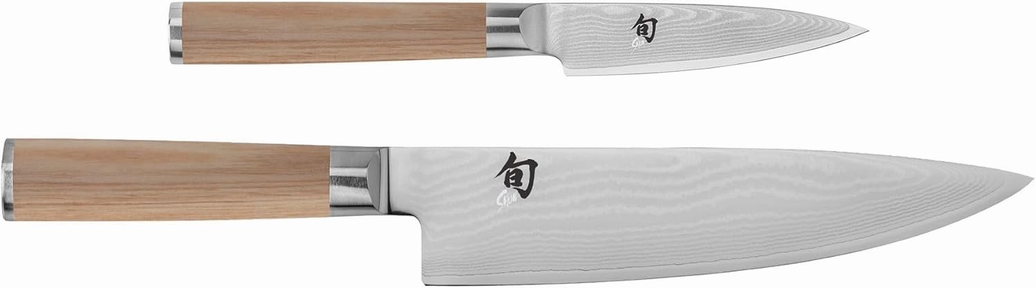 Shun Classic Blonde 2 Piece Starter Set, Includes 8" Chef and 3.5” Paring Knives, Handcrafted Japanese Knife Set, VG-MAX Core with Damascus Stainless Steel Cladding, Pakkawood Handle