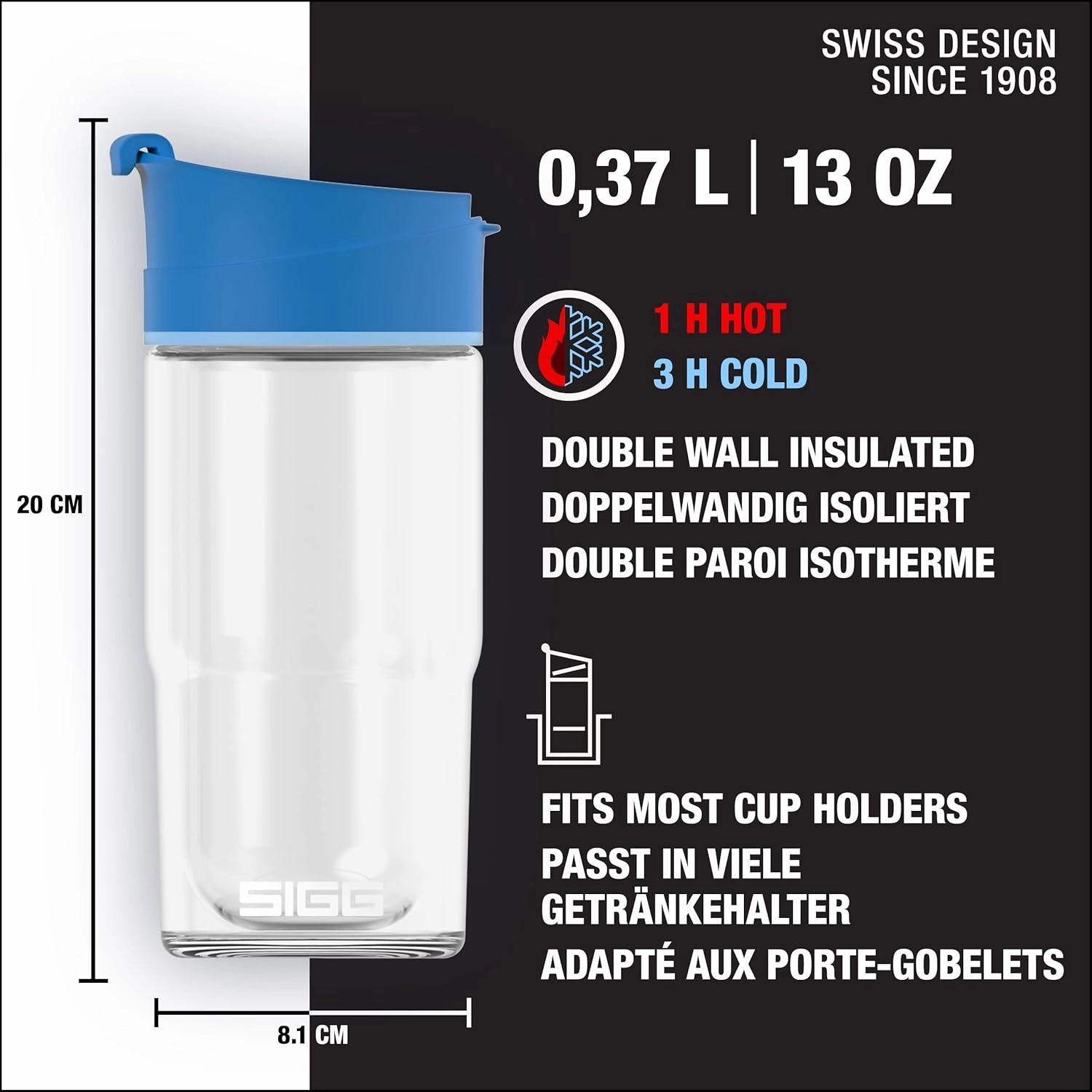 SIGG - Insulated Coffee Cup - Travel Mug Nova - Dishwasher Safe - BPA Free - Broscilate Glass - Flip Top - Electric Blue - 13 Oz