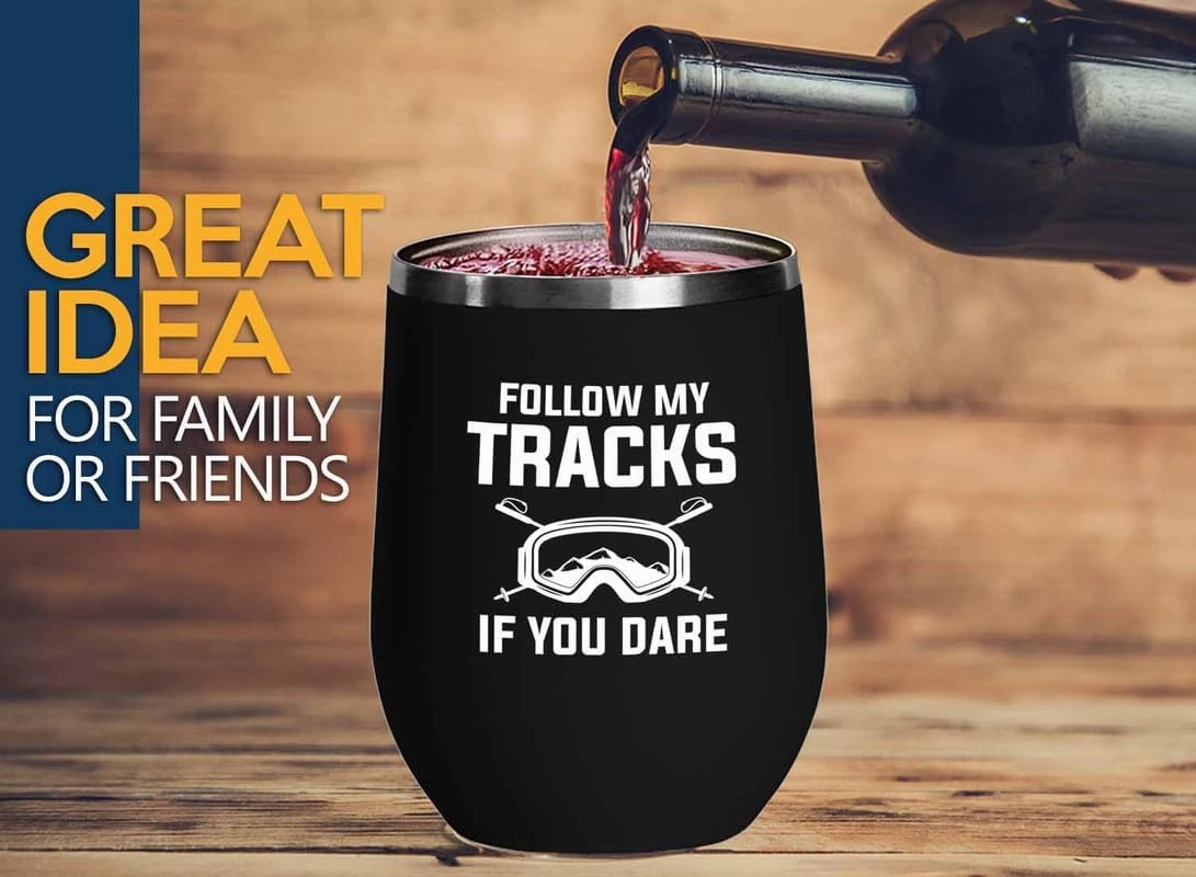 Skiing Black Edition Wine Tumbler 12oz - Follow my tracks - Ski Bum Gifts Fun Gifts for Skiers Mountain Camping Water Skiier Gifts