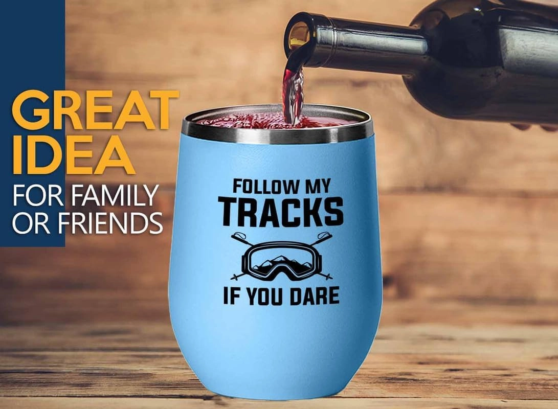 Skiing Blue Edition Wine Tumbler 12oz - Follow my tracks - Ski Bum Gifts Fun Gifts for Skiers Mountain Camping Water Skiier Gifts