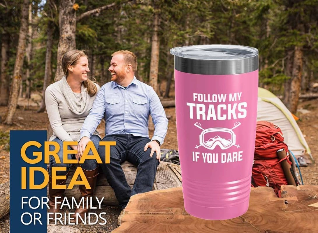 Skiing Pink Edition Viking Tumbler 20oz - Follow my tracks - Ski Bum Gifts Fun Gifts for Skiers Mountain Camping Water Skiier Gifts