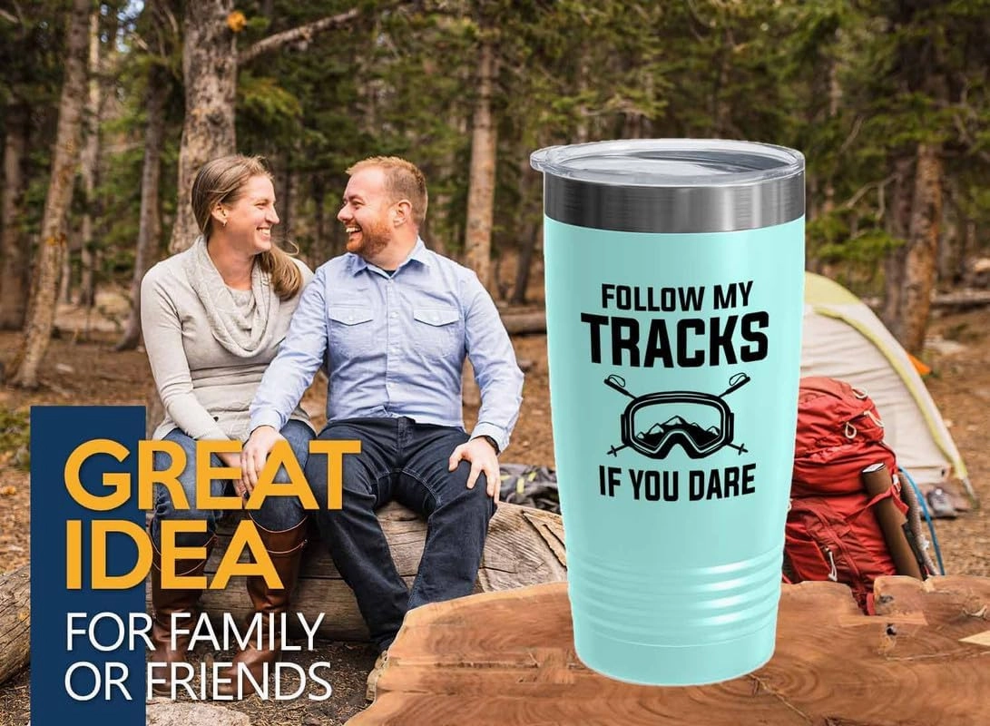 Skiing Teal Edition Viking Tumbler 20oz - Follow my tracks - Ski Bum Gifts Fun Gifts for Skiers Mountain Camping Water Skiier Gifts