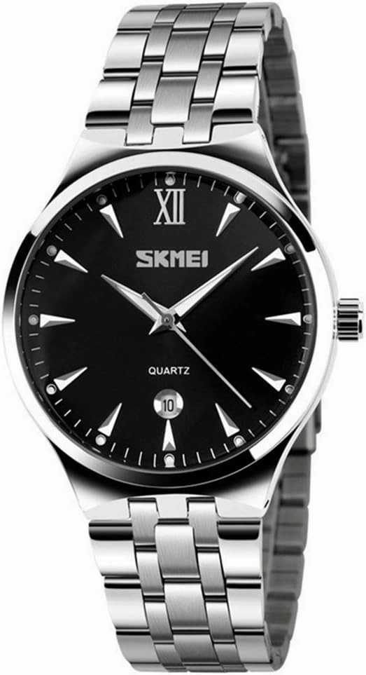 SKMEI Business Men's Brand Watch Stainless Steel Band Date Display Good Looking Luminous Pointer Quartz Wristwatch (Silver Black)