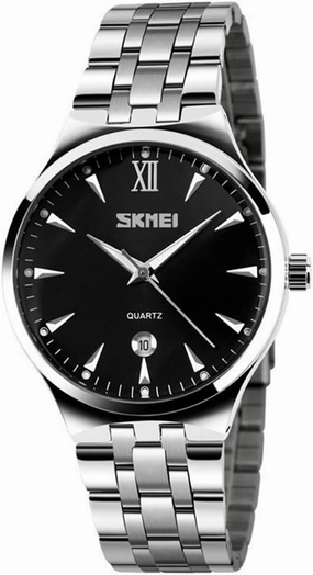 SKMEI Business Men's Brand Watch Stainless Steel Band Date Display Good Looking Luminous Pointer Quartz Wristwatch (Silver Black)