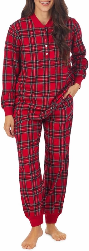 Sleepwear for Women Henley Neck Long Sleeve Flannel Pajama Set - Red Tartan Plaid, X-Large