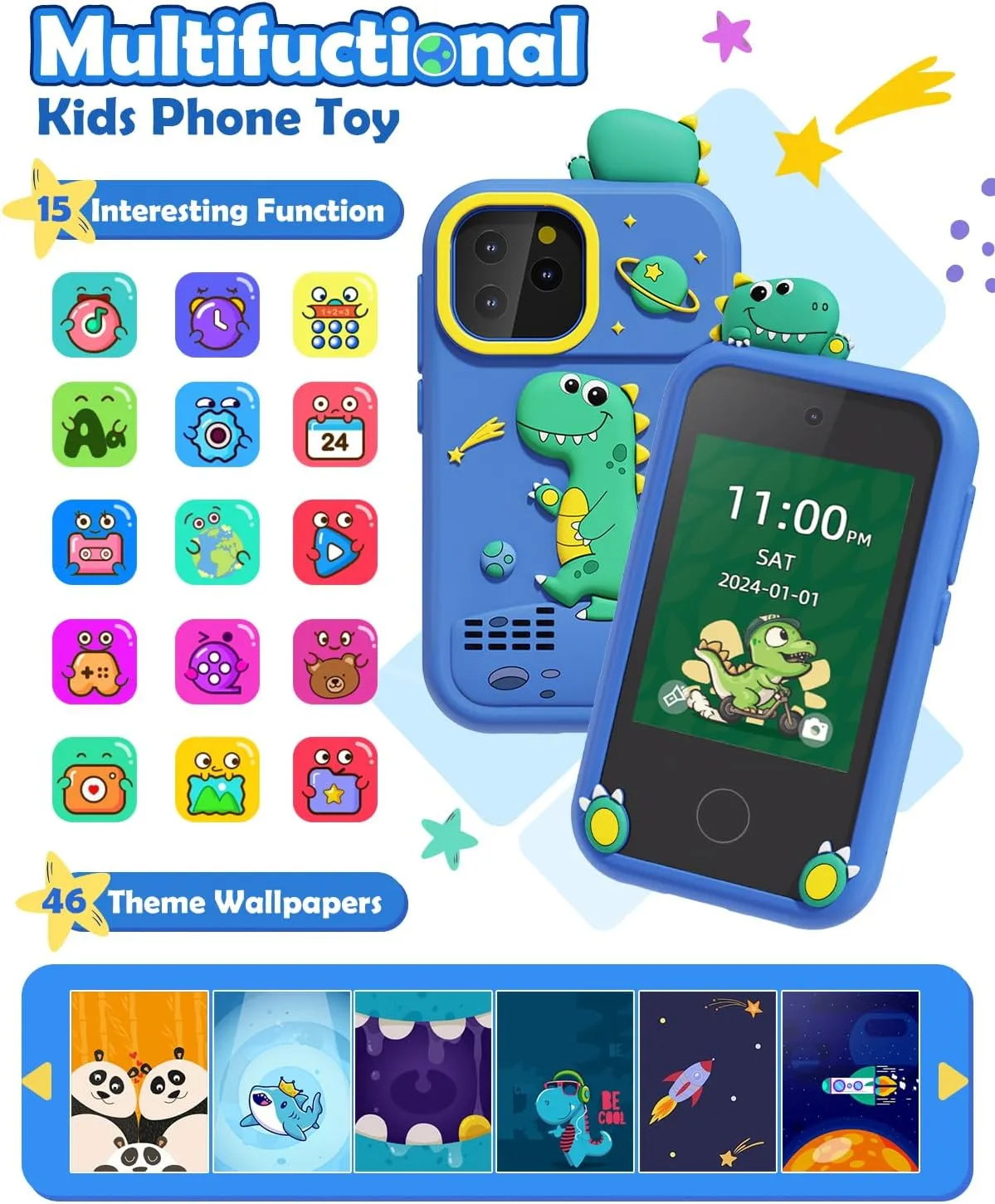 Smart Phone for Kids Toys Age 4-6, Christmas Birthday Gifts Dinosaur Toddler Toys for Boys 5-7, Touchscreen Dual Camera Kids Cell Phone for Boys Age 8-10, with Games,SD Card,Screen Protector