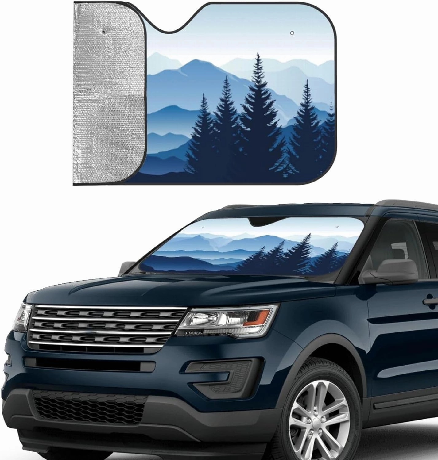 Smoky Mountain Landscape Morning in The Mountains Blue Windshield Sun Shade, Car Front Window Shades Cute Sunshade Cover Sun Visor Shield Block Automotive Interior Protector Blocks Uv Rays