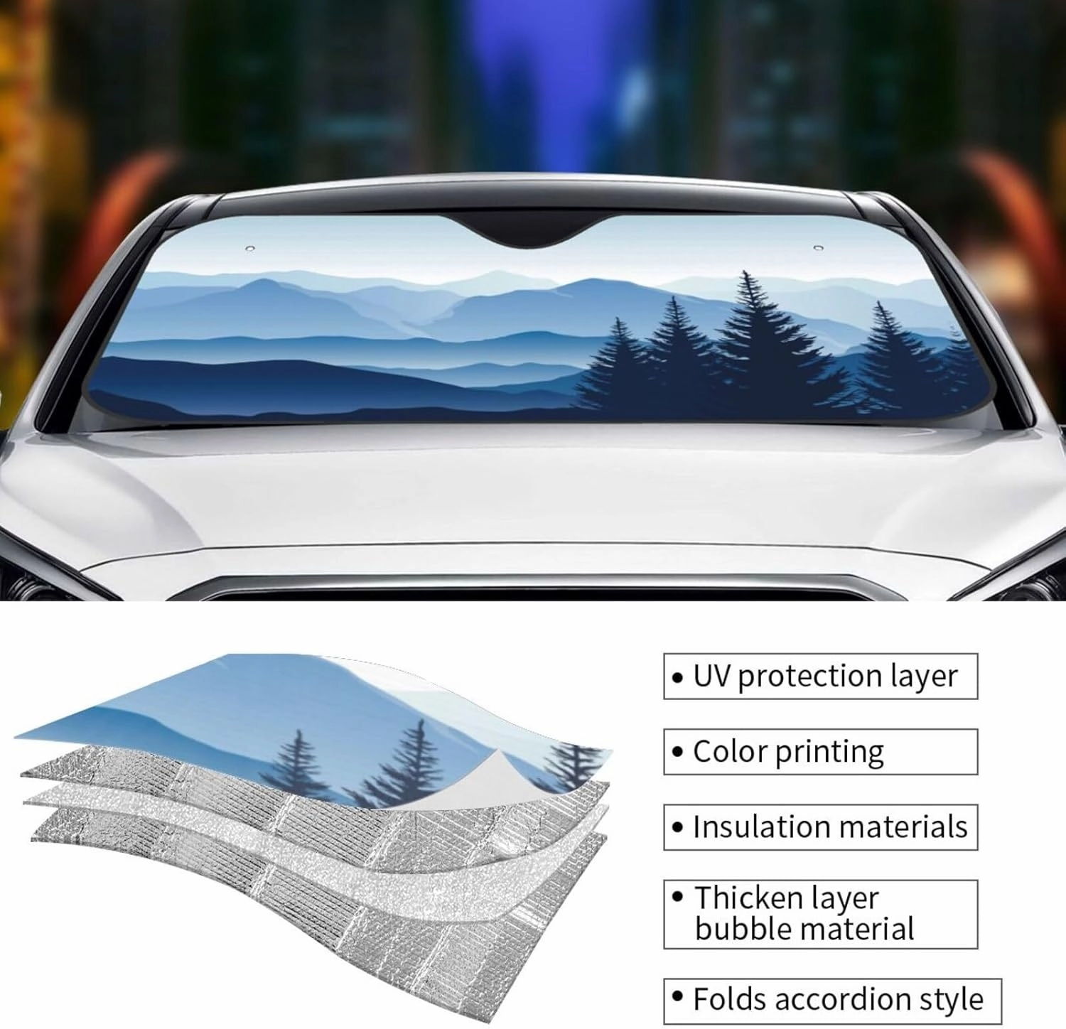Smoky Mountain Landscape Morning in The Mountains Blue Windshield Sun Shade, Car Front Window Shades Cute Sunshade Cover Sun Visor Shield Block Automotive Interior Protector Blocks Uv Rays