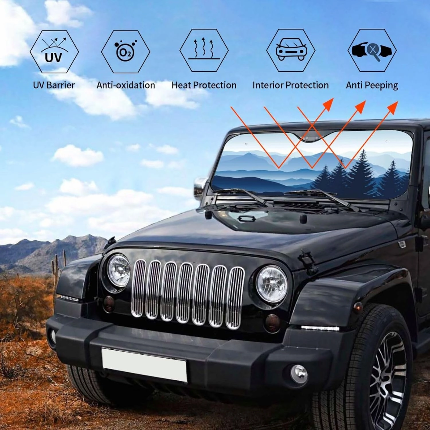 Smoky Mountain Landscape Morning in The Mountains Blue Windshield Sun Shade, Car Front Window Shades Cute Sunshade Cover Sun Visor Shield Block Automotive Interior Protector Blocks Uv Rays