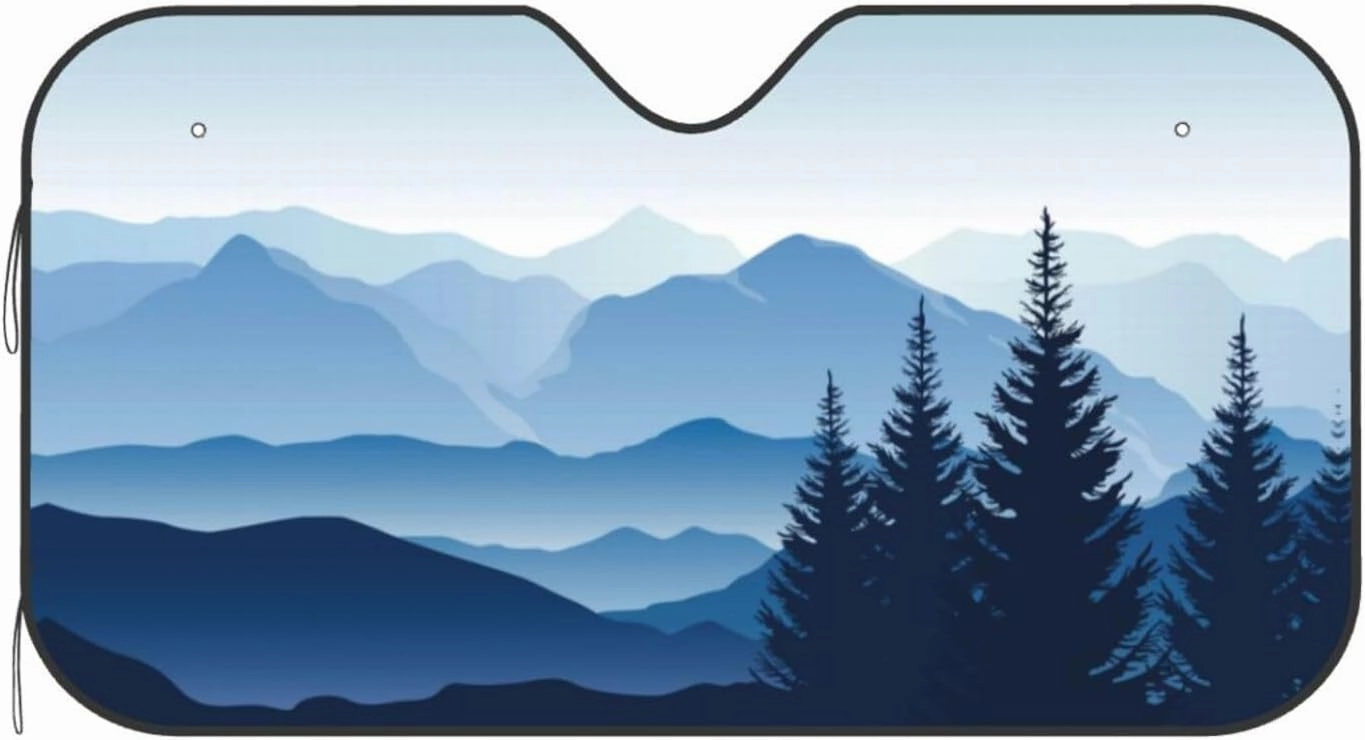 Smoky Mountain Landscape Morning in The Mountains Blue Windshield Sun Shade, Car Front Window Shades Cute Sunshade Cover Sun Visor Shield Block Automotive Interior Protector Blocks Uv Rays
