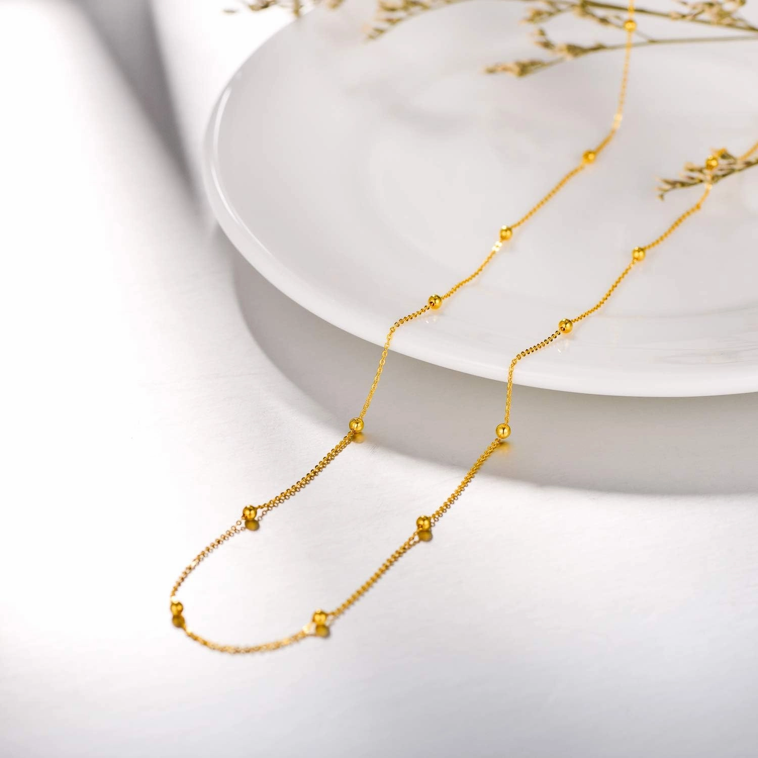 Solid 18k Gold Rosary Bead Ball Chain Necklace for Women, Real Gold Chain Necklace, 18"