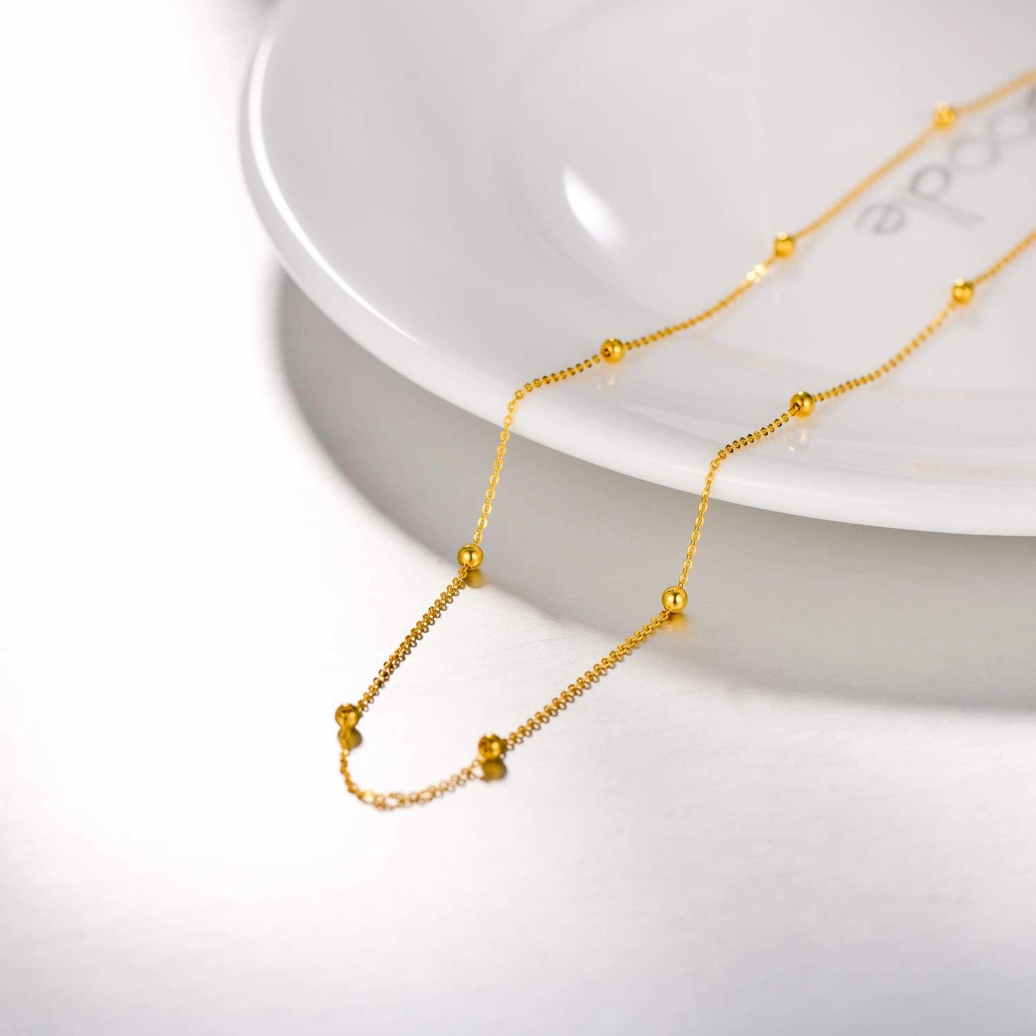 Solid 18k Gold Rosary Bead Ball Chain Necklace for Women, Real Gold Chain Necklace, 18"