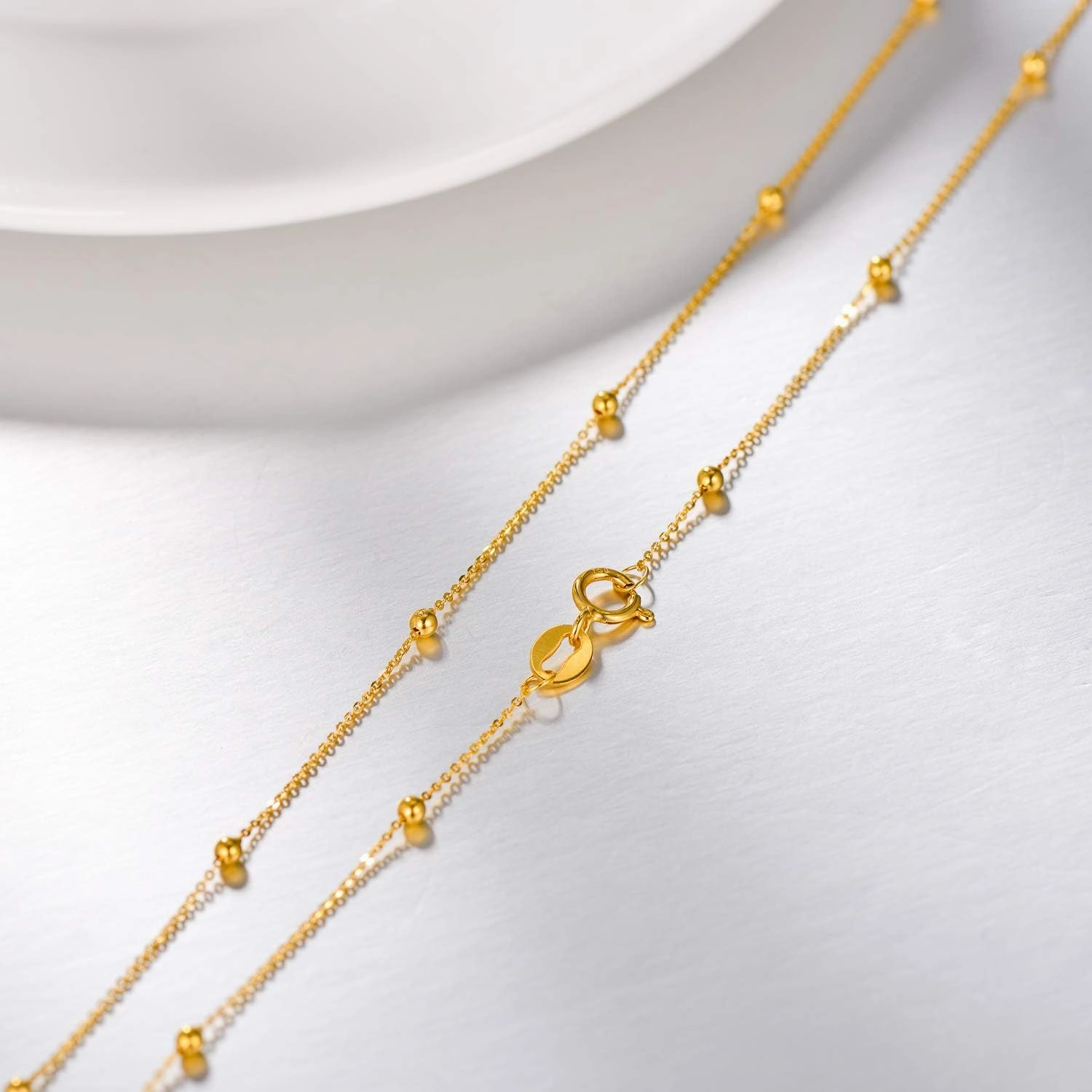 Solid 18k Gold Rosary Bead Ball Chain Necklace for Women, Real Gold Chain Necklace, 18"