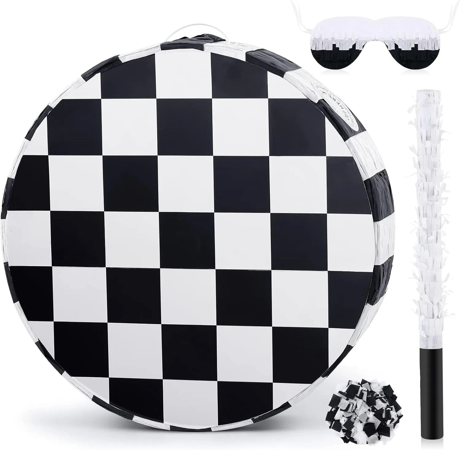 Sosation Checkerboard Soccer Piñata Black and White Checkered Racing Car Themed Birthday Party Supplies Football Piñata with Wooden Stick Paper Blindfold Confetti Set, 12. 2 x 12. 2 x 2. 8 Inch