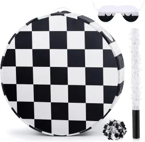 Sosation Checkerboard Soccer Piñata Black and White Checkered Racing Car Themed Birthday Party Supplies Football Piñata with Wooden Stick Paper Blindfold Confetti Set, 12. 2 x 12. 2 x 2. 8 Inch