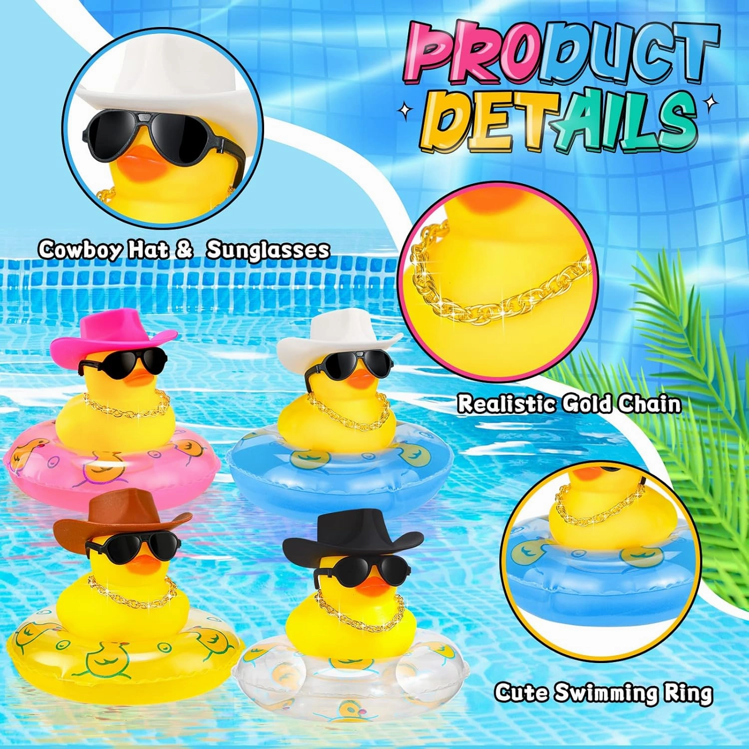 Sosation 24 Pcs Cowboy Rubber Duck Bulk Mini Car Yellow Duckies Bath Toys Party Favor with Mini Hat Swim Circle Necklace Sunglasses Car Ornaments for Summer Birthday Swimming Supplies(Novel Style)