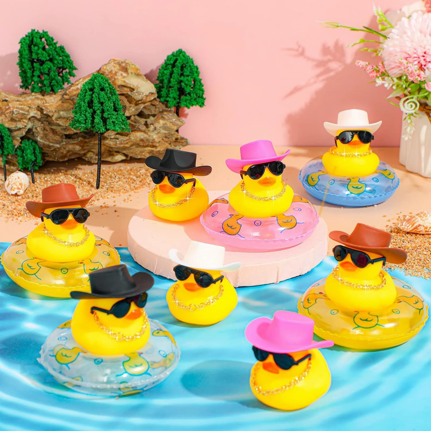 Sosation 24 Pcs Cowboy Rubber Duck Bulk Mini Car Yellow Duckies Bath Toys Party Favor with Mini Hat Swim Circle Necklace Sunglasses Car Ornaments for Summer Birthday Swimming Supplies(Novel Style)