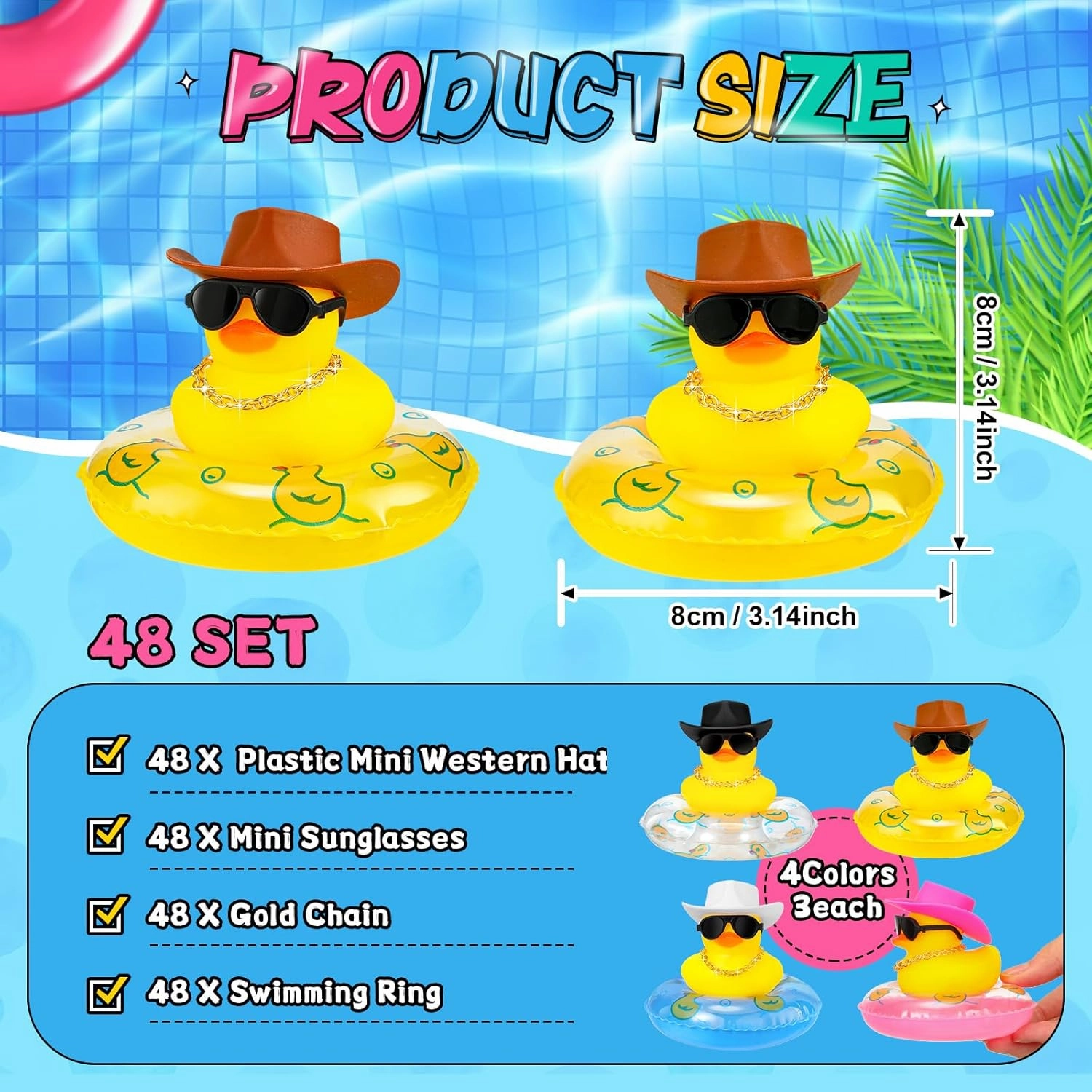 Sosation 24 Pcs Cowboy Rubber Duck Bulk Mini Car Yellow Duckies Bath Toys Party Favor with Mini Hat Swim Circle Necklace Sunglasses Car Ornaments for Summer Birthday Swimming Supplies(Novel Style)