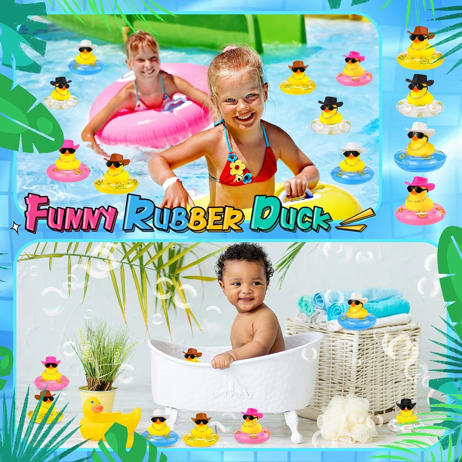 Sosation 24 Pcs Cowboy Rubber Duck Bulk Mini Car Yellow Duckies Bath Toys Party Favor with Mini Hat Swim Circle Necklace Sunglasses Car Ornaments for Summer Birthday Swimming Supplies(Novel Style)