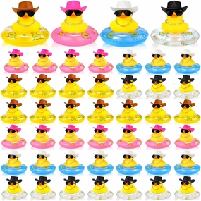 Sosation 24 Pcs Cowboy Rubber Duck Bulk Mini Car Yellow Duckies Bath Toys Party Favor with Mini Hat Swim Circle Necklace Sunglasses Car Ornaments for Summer Birthday Swimming Supplies(Novel Style)