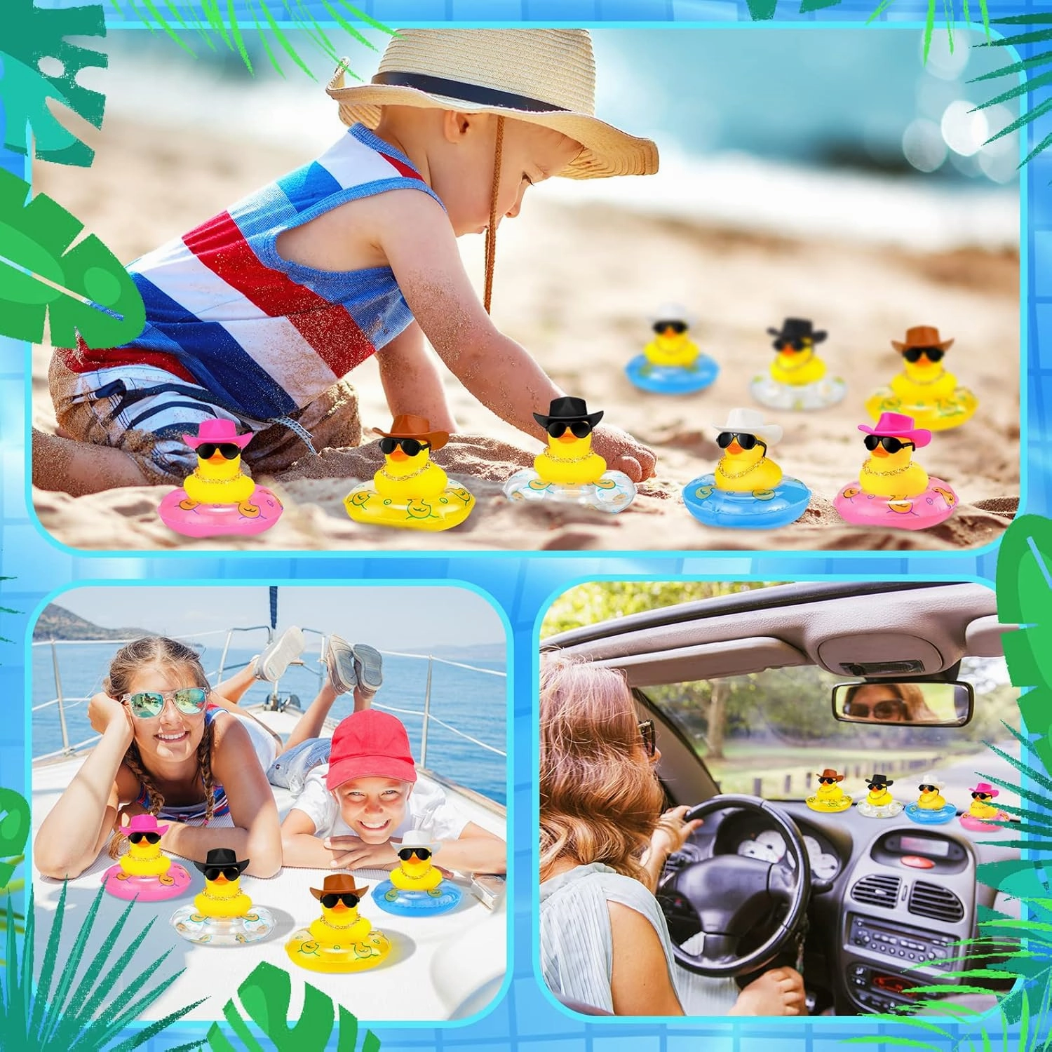 Sosation 24 Pcs Cowboy Rubber Duck Bulk Mini Car Yellow Duckies Bath Toys Party Favor with Mini Hat Swim Circle Necklace Sunglasses Car Ornaments for Summer Birthday Swimming Supplies(Novel Style)