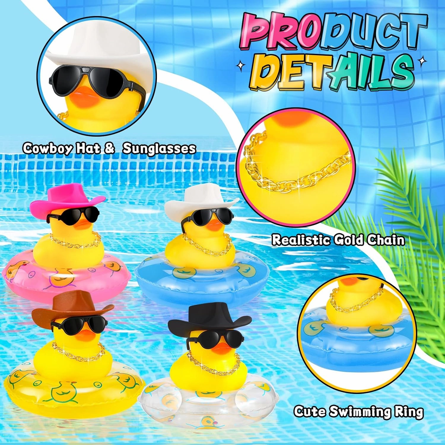 Sosation 48 Pcs Cowboy Rubber Duck Bulk Mini Car Yellow Duckies Bath Toys Party Favor with Mini Hat Swim Circle Necklace Sunglasses Car Ornaments for Summer Birthday Swimming Supplies(Novel Style)