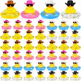 Sosation 48 Pcs Cowboy Rubber Duck Bulk Mini Car Yellow Duckies Bath Toys Party Favor with Mini Hat Swim Circle Necklace Sunglasses Car Ornaments for Summer Birthday Swimming Supplies(Novel Style)