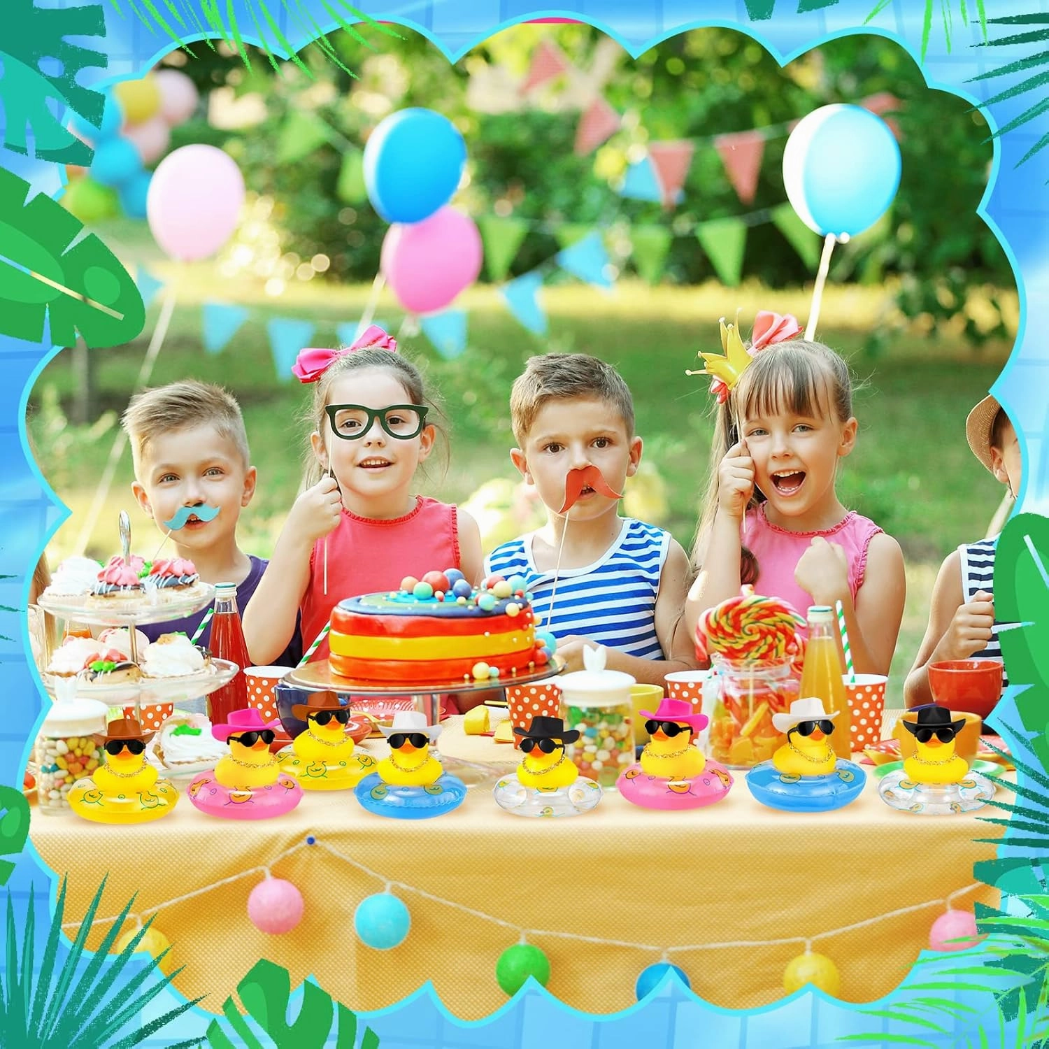 Sosation 48 Pcs Cowboy Rubber Duck Bulk Mini Car Yellow Duckies Bath Toys Party Favor with Mini Hat Swim Circle Necklace Sunglasses Car Ornaments for Summer Birthday Swimming Supplies(Novel Style)